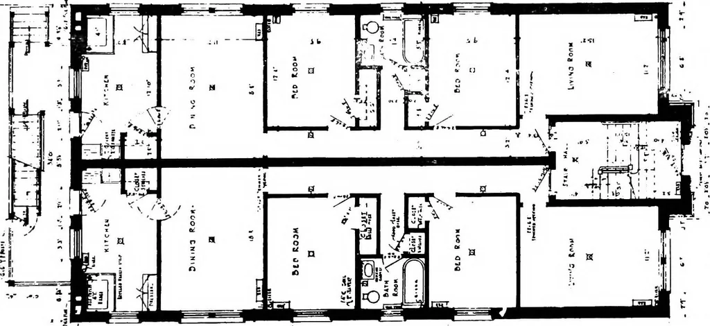 An illustration from The housing book; containing photographic reproductions, with floor plans of workingmen's homes. One and two family houses of frame, brick, stucco and concrete construction; also four, six and nine family apartments. Showing single houses, groups and developments that have been built in various parts of the United States, 1919, leaf 88