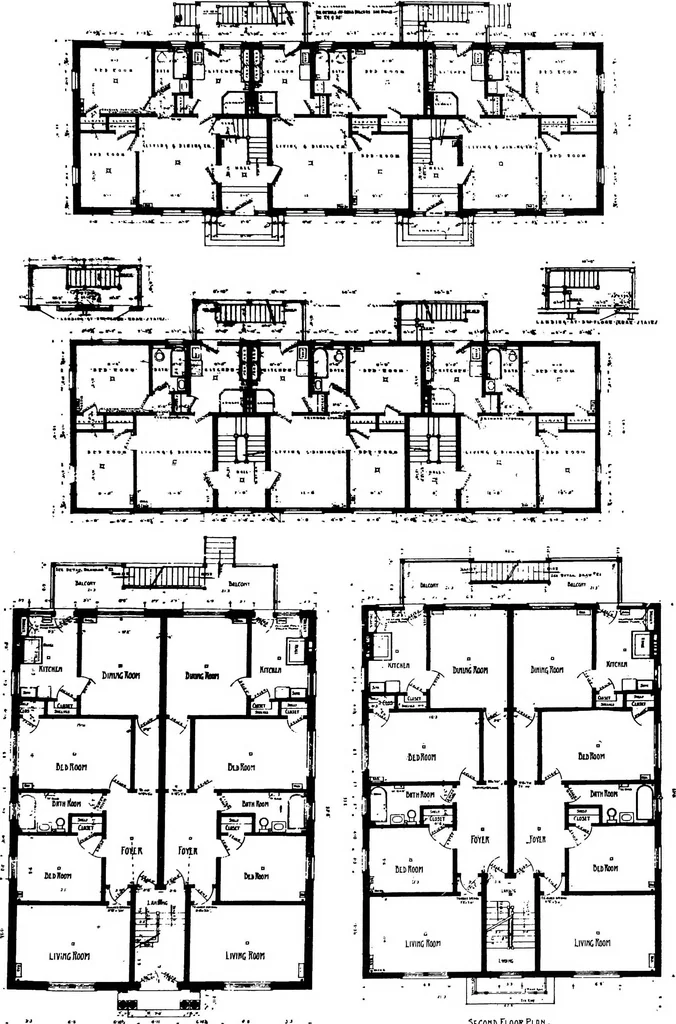 An illustration from The housing book; containing photographic reproductions, with floor plans of workingmen's homes. One and two family houses of frame, brick, stucco and concrete construction; also four, six and nine family apartments. Showing single houses, groups and developments that have been built in various parts of the United States, 1919, leaf 90