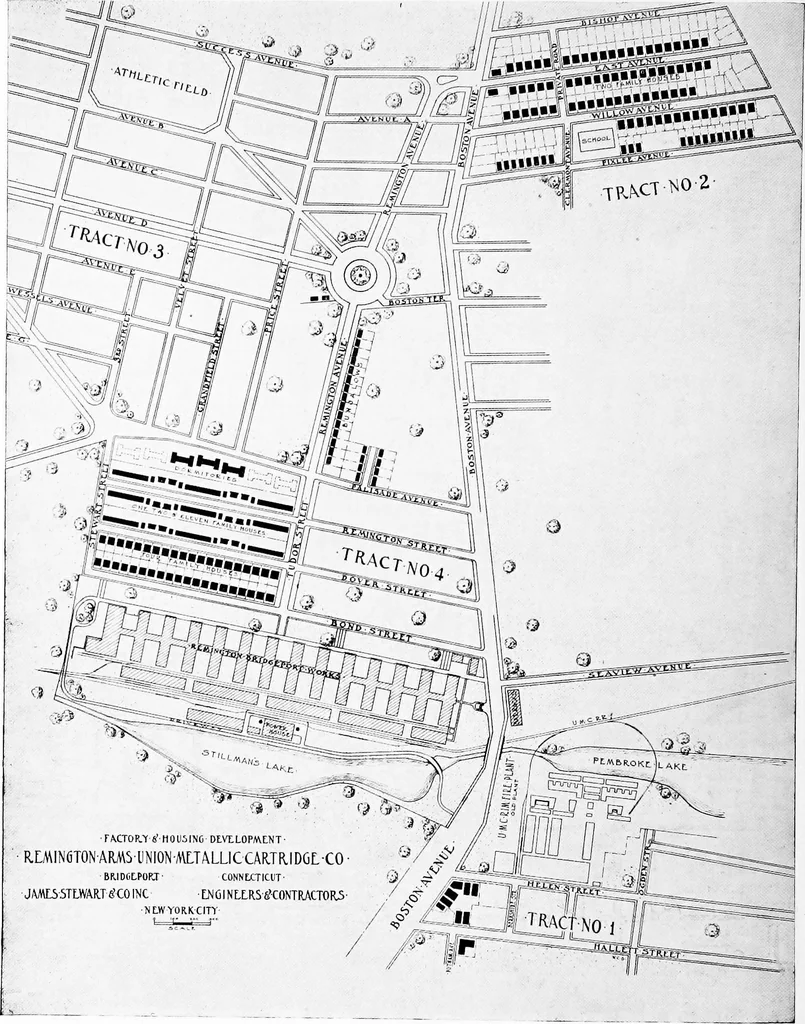 An illustration from The housing book; containing photographic reproductions, with floor plans of workingmen's homes. One and two family houses of frame, brick, stucco and concrete construction; also four, six and nine family apartments. Showing single houses, groups and developments that have been built in various parts of the United States, 1919, leaf 91