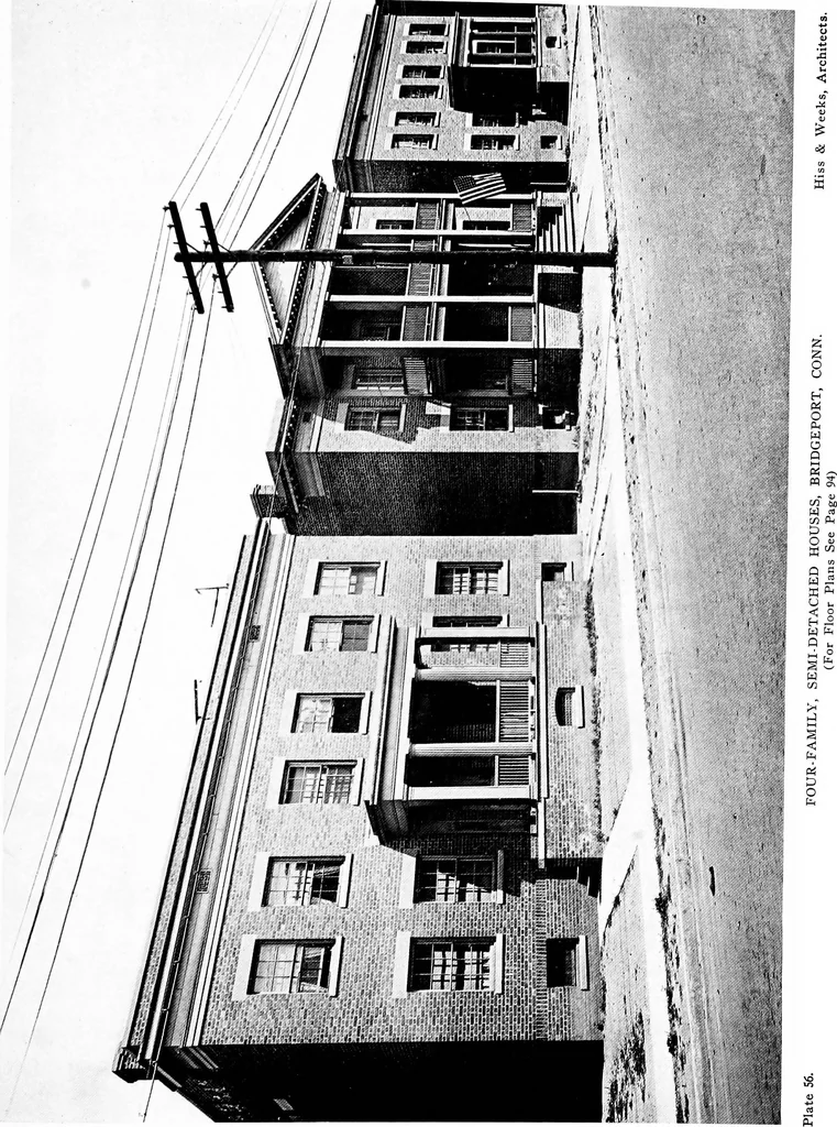 An illustration from The housing book; containing photographic reproductions, with floor plans of workingmen's homes. One and two family houses of frame, brick, stucco and concrete construction; also four, six and nine family apartments. Showing single houses, groups and developments that have been built in various parts of the United States, 1919, leaf 96