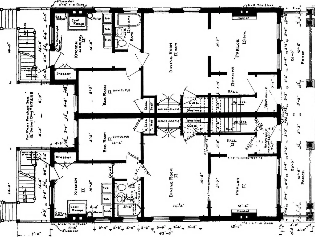 An illustration from The housing book; containing photographic reproductions, with floor plans of workingmen's homes. One and two family houses of frame, brick, stucco and concrete construction; also four, six and nine family apartments. Showing single houses, groups and developments that have been built in various parts of the United States, 1919, leaf 97