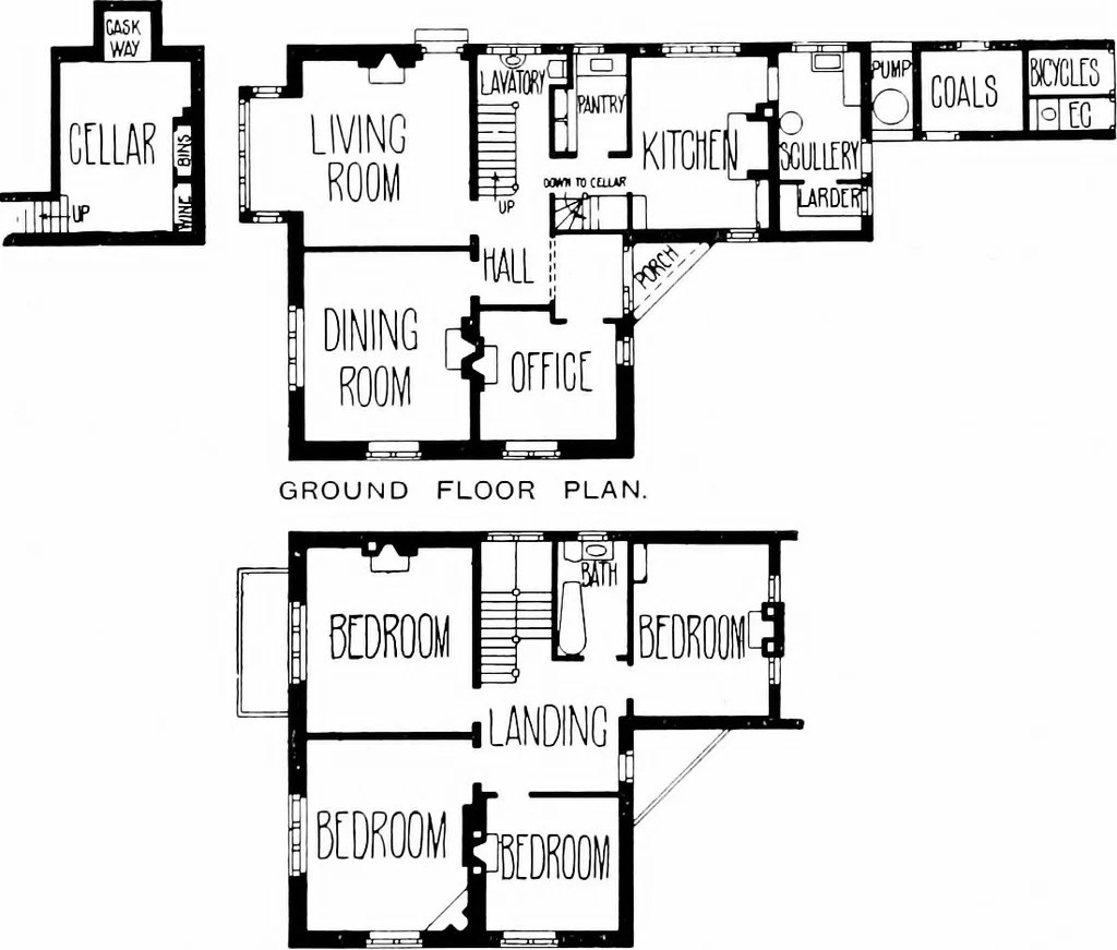 An illustration from Country cottages and week-end homes, by J. H. Elder-Duncan ... with numerous illustrations and plans of cottages by well-known architects, 1912, leaf 105