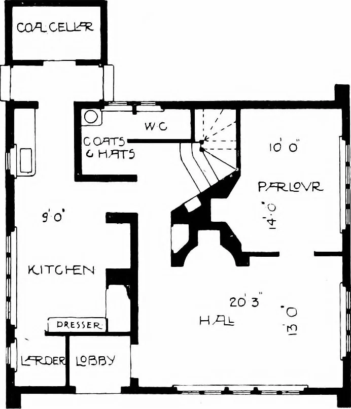 An illustration from Country cottages and week-end homes, by J. H. Elder-Duncan ... with numerous illustrations and plans of cottages by well-known architects, 1912, leaf 131