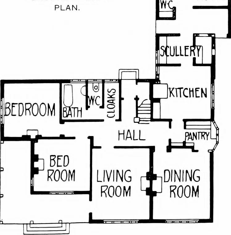 An illustration from Country cottages and week-end homes, by J. H. Elder-Duncan ... with numerous illustrations and plans of cottages by well-known architects, 1912, leaf 142