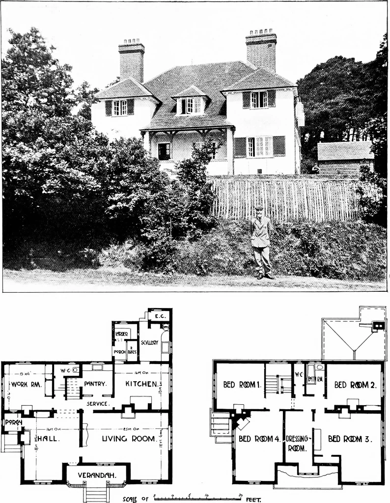 An illustration from Country cottages and week-end homes, by J. H. Elder-Duncan ... with numerous illustrations and plans of cottages by well-known architects, 1912, leaf 148