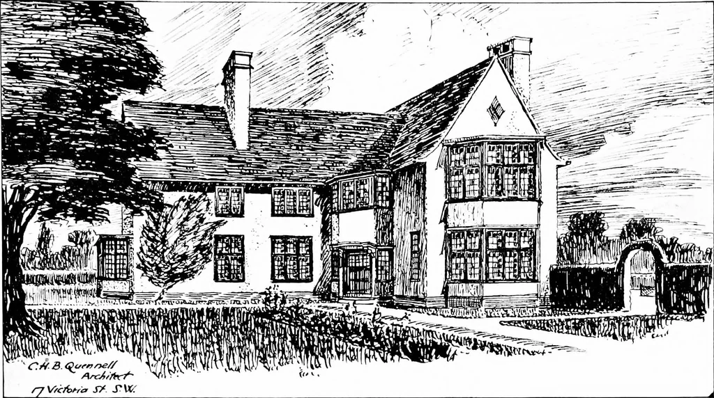 An illustration from Country cottages and week-end homes, by J. H. Elder-Duncan ... with numerous illustrations and plans of cottages by well-known architects, 1912, leaf 174