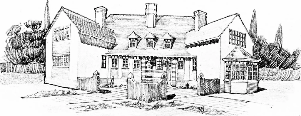 An illustration from Country cottages and week-end homes, by J. H. Elder-Duncan ... with numerous illustrations and plans of cottages by well-known architects, 1912, leaf 175