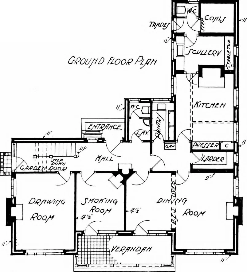 An illustration from Country cottages and week-end homes, by J. H. Elder-Duncan ... with numerous illustrations and plans of cottages by well-known architects, 1912, leaf 176