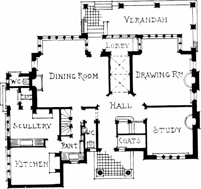 An illustration from Country cottages and week-end homes, by J. H. Elder-Duncan ... with numerous illustrations and plans of cottages by well-known architects, 1912, leaf 179