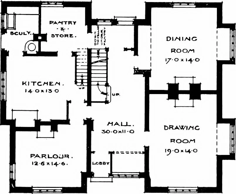 An illustration from Country cottages and week-end homes, by J. H. Elder-Duncan ... with numerous illustrations and plans of cottages by well-known architects, 1912, leaf 187