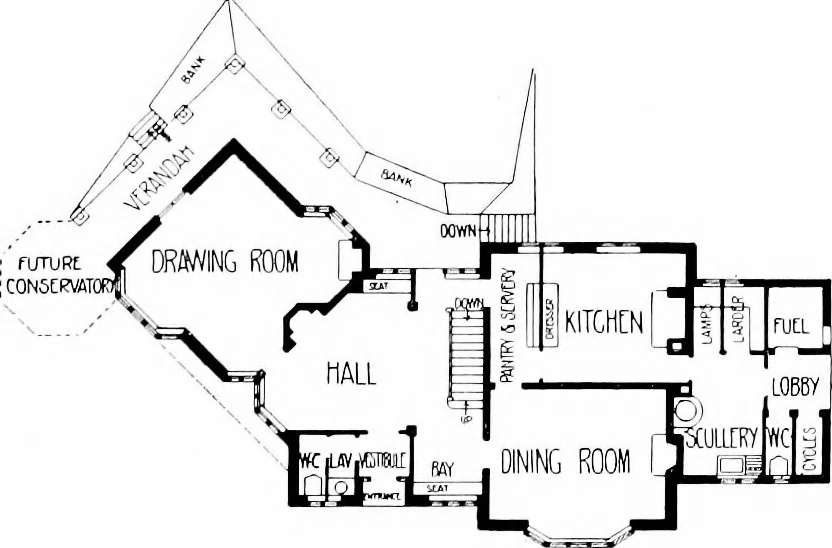 An illustration from Country cottages and week-end homes, by J. H. Elder-Duncan ... with numerous illustrations and plans of cottages by well-known architects, 1912, leaf 188