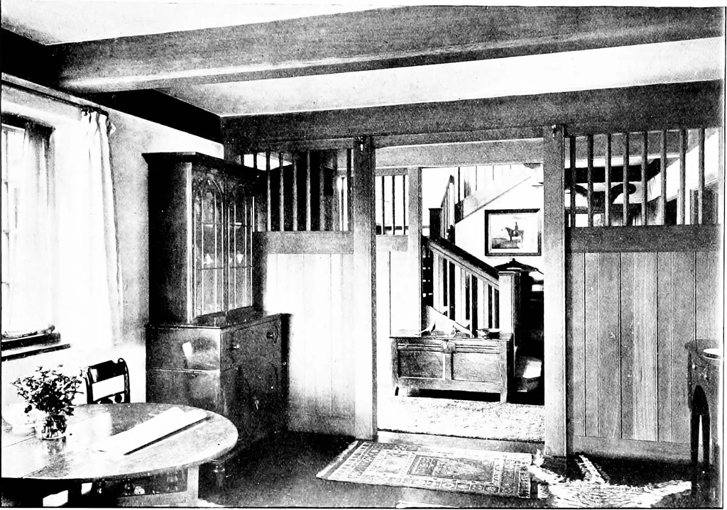 An illustration from Country cottages and week-end homes, by J. H. Elder-Duncan ... with numerous illustrations and plans of cottages by well-known architects, 1912, leaf 208