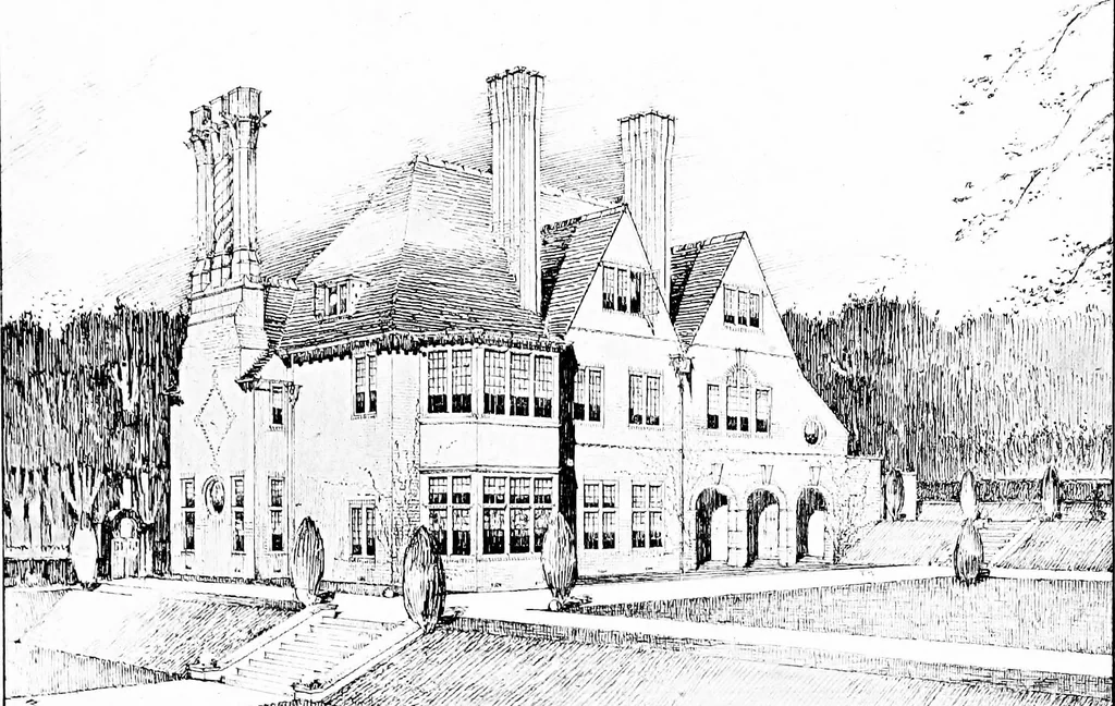 An illustration from Country cottages and week-end homes, by J. H. Elder-Duncan ... with numerous illustrations and plans of cottages by well-known architects, 1912, leaf 214