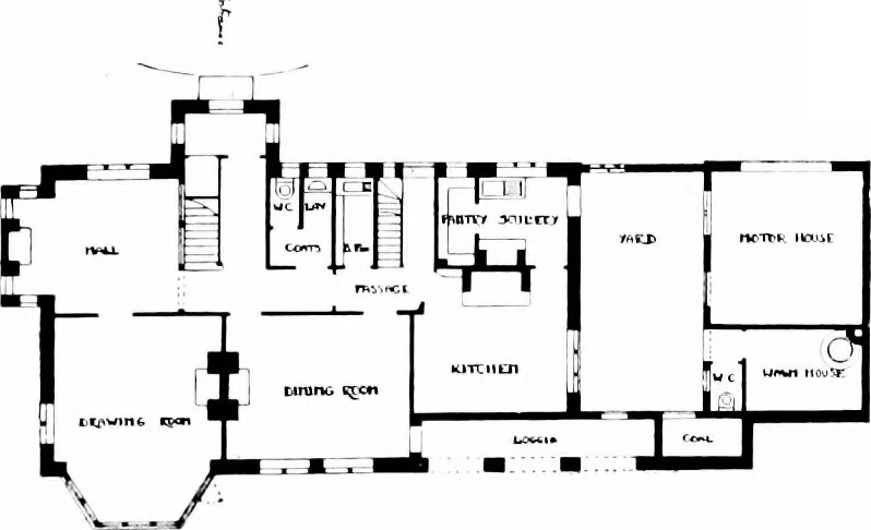 An illustration from Country cottages and week-end homes, by J. H. Elder-Duncan ... with numerous illustrations and plans of cottages by well-known architects, 1912, leaf 214