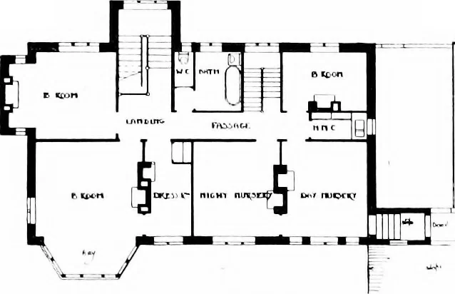 An illustration from Country cottages and week-end homes, by J. H. Elder-Duncan ... with numerous illustrations and plans of cottages by well-known architects, 1912, leaf 214
