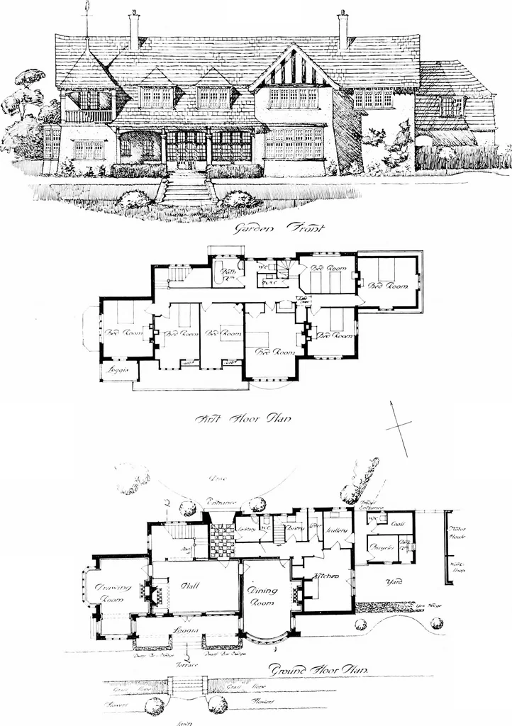 An illustration from Country cottages and week-end homes, by J. H. Elder-Duncan ... with numerous illustrations and plans of cottages by well-known architects, 1912, leaf 220