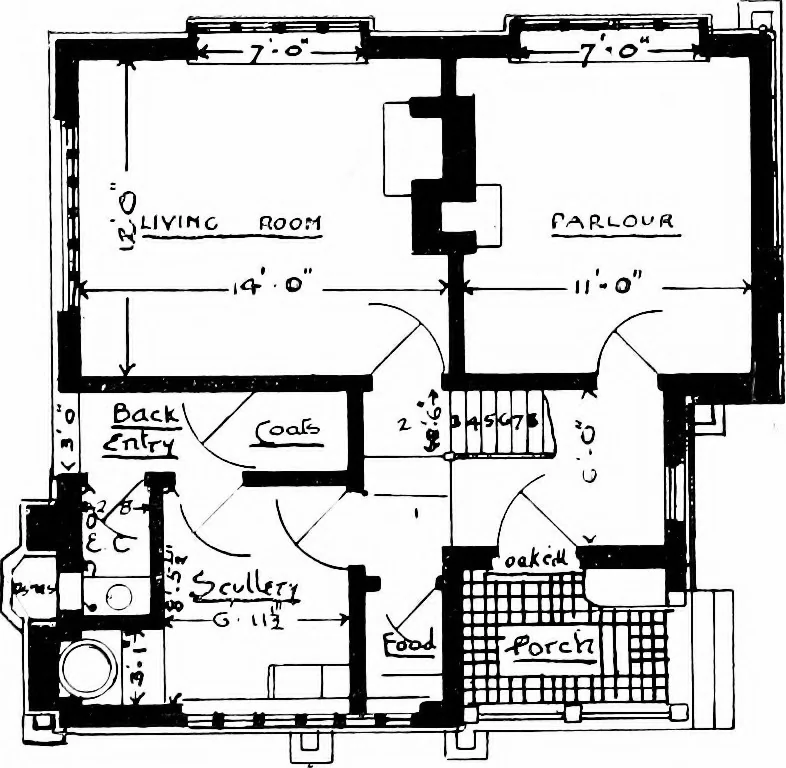 An illustration from Country cottages and week-end homes, by J. H. Elder-Duncan ... with numerous illustrations and plans of cottages by well-known architects, 1912, leaf 41