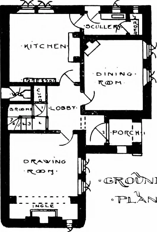 An illustration from Country cottages and week-end homes, by J. H. Elder-Duncan ... with numerous illustrations and plans of cottages by well-known architects, 1912, leaf 50