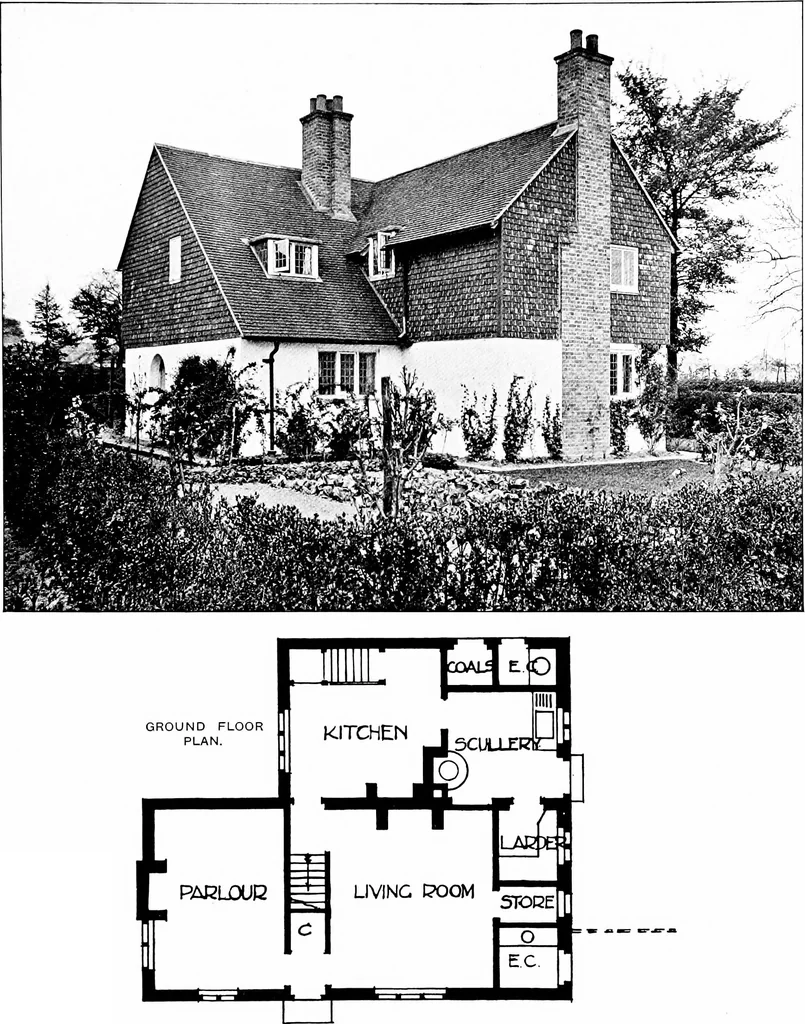 An illustration from Country cottages and week-end homes, by J. H. Elder-Duncan ... with numerous illustrations and plans of cottages by well-known architects, 1912, leaf 52