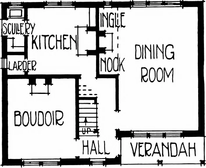 An illustration from Country cottages and week-end homes, by J. H. Elder-Duncan ... with numerous illustrations and plans of cottages by well-known architects, 1912, leaf 55