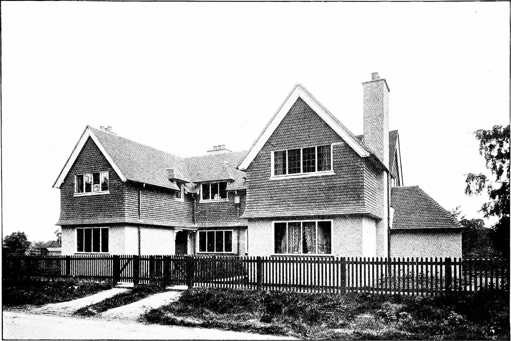 An illustration from Country cottages and week-end homes, by J. H. Elder-Duncan ... with numerous illustrations and plans of cottages by well-known architects, 1912, leaf 56