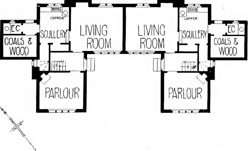 An illustration from Country cottages and week-end homes, by J. H. Elder-Duncan ... with numerous illustrations and plans of cottages by well-known architects, 1912, leaf 56