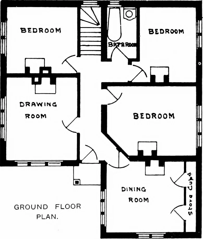 An illustration from Country cottages and week-end homes, by J. H. Elder-Duncan ... with numerous illustrations and plans of cottages by well-known architects, 1912, leaf 58
