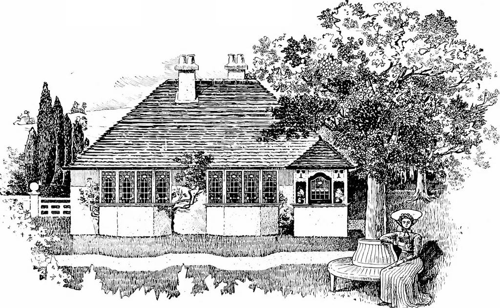 An illustration from Country cottages and week-end homes, by J. H. Elder-Duncan ... with numerous illustrations and plans of cottages by well-known architects, 1912, leaf 59