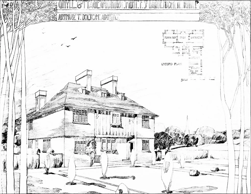 An illustration from Country cottages and week-end homes, by J. H. Elder-Duncan ... with numerous illustrations and plans of cottages by well-known architects, 1912, leaf 73