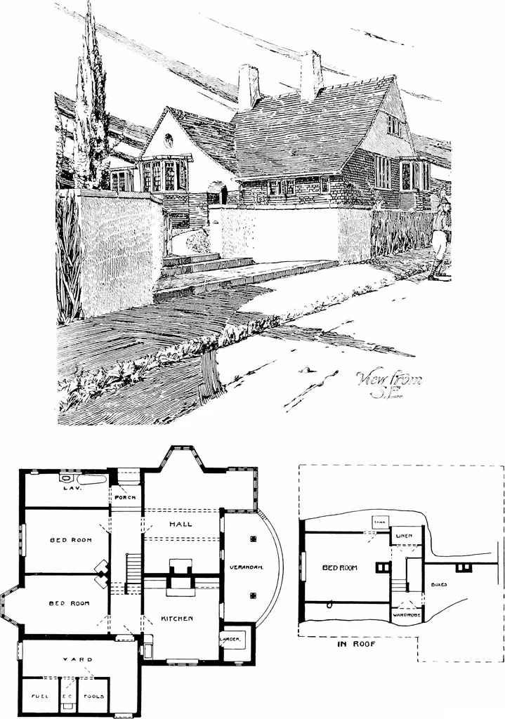 An illustration from Country cottages and week-end homes, by J. H. Elder-Duncan ... with numerous illustrations and plans of cottages by well-known architects, 1912, leaf 83