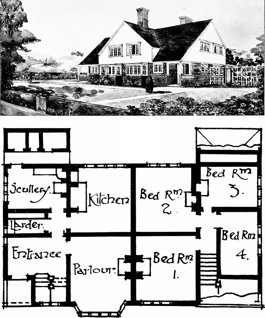 An illustration from Country cottages and week-end homes, by J. H. Elder-Duncan ... with numerous illustrations and plans of cottages by well-known architects, 1912, leaf 88