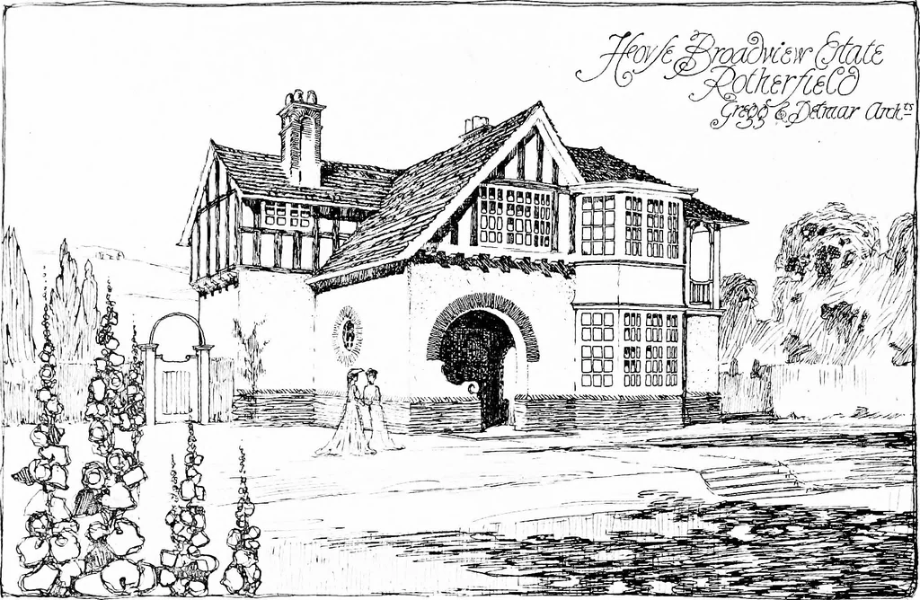 An illustration from Country cottages and week-end homes, by J. H. Elder-Duncan ... with numerous illustrations and plans of cottages by well-known architects, 1912, leaf 91