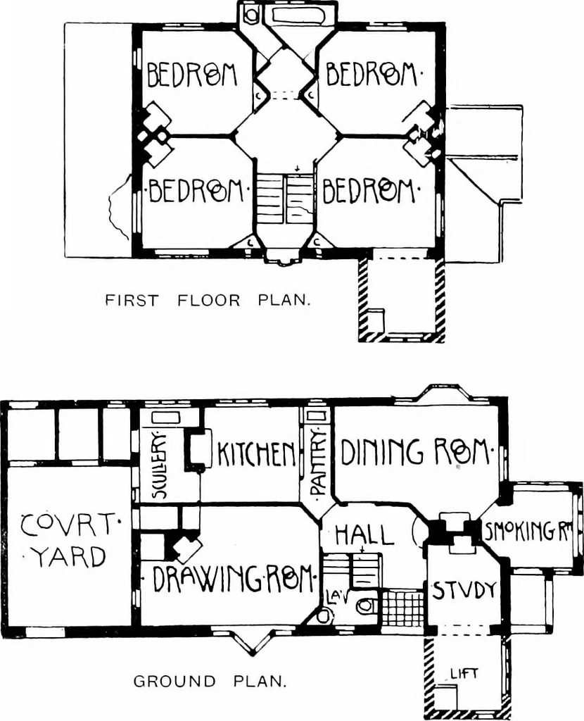An illustration from Country cottages and week-end homes, by J. H. Elder-Duncan ... with numerous illustrations and plans of cottages by well-known architects, 1912, leaf 94