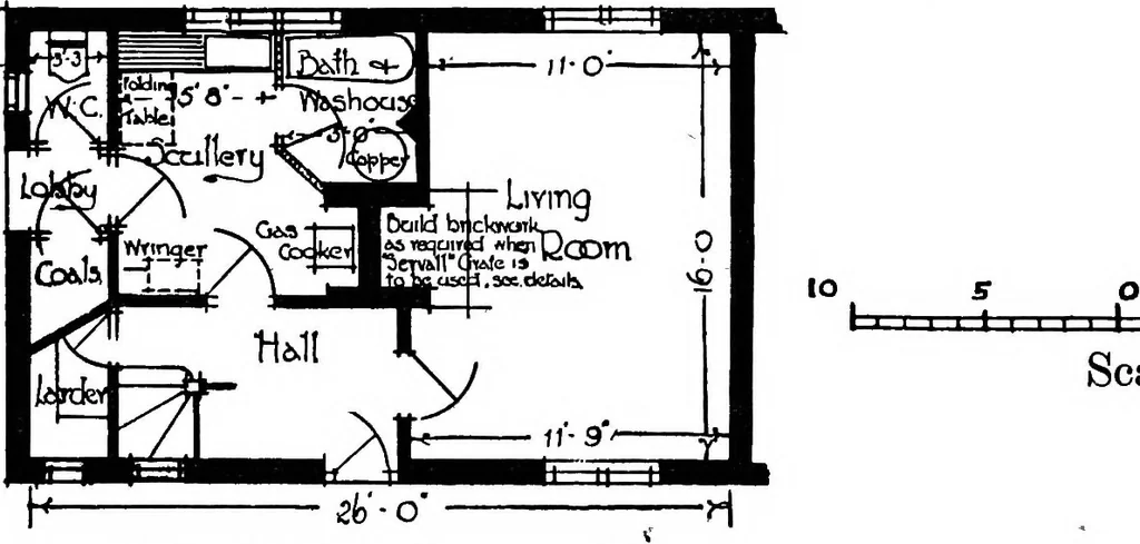 An illustration from Type plans and elevations of houses designed by the Ministry of Health in connection with state-aided housing schemes, 1920, leaf 11