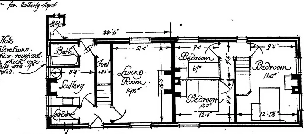 An illustration from Type plans and elevations of houses designed by the Ministry of Health in connection with state-aided housing schemes, 1920, leaf 12