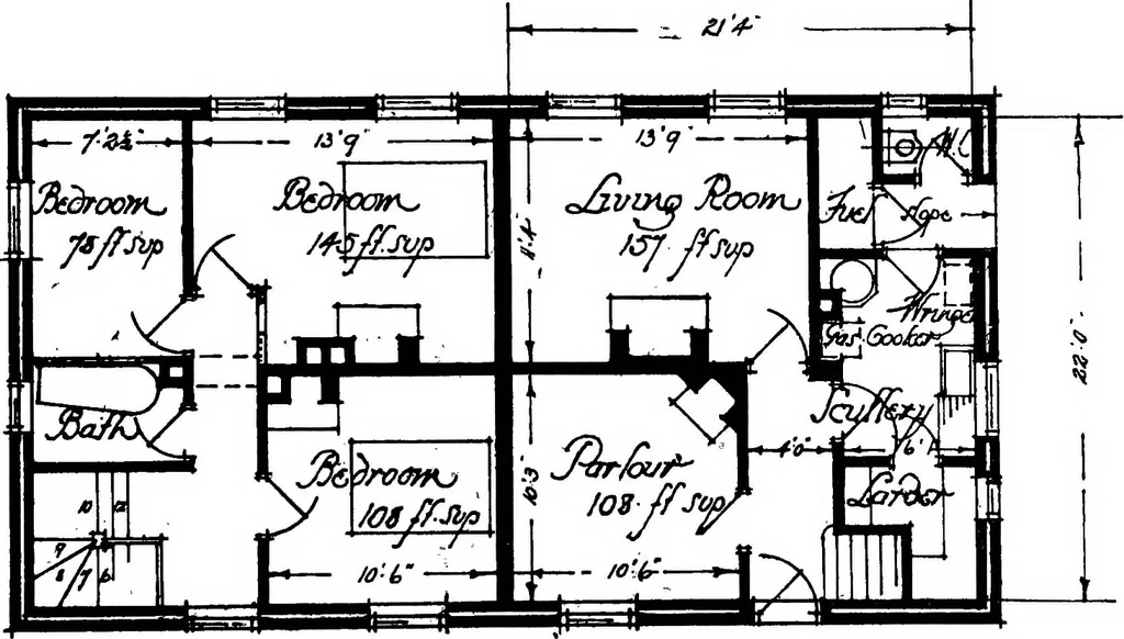 An illustration from Type plans and elevations of houses designed by the Ministry of Health in connection with state-aided housing schemes, 1920, leaf 32