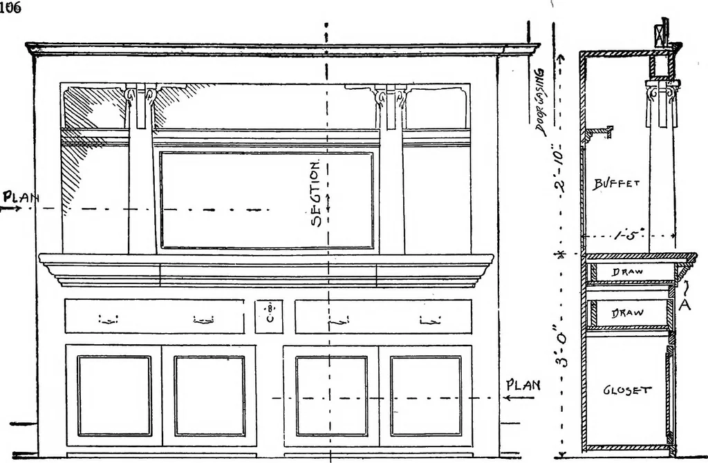 An illustration from Radford's portfolio of details of building construction; a remarkable and unique collection of full-page plates, accurately drawn and reproduced to exact scale. Complete details for every style of interior trim, including special built-in features, 1911, leaf 109