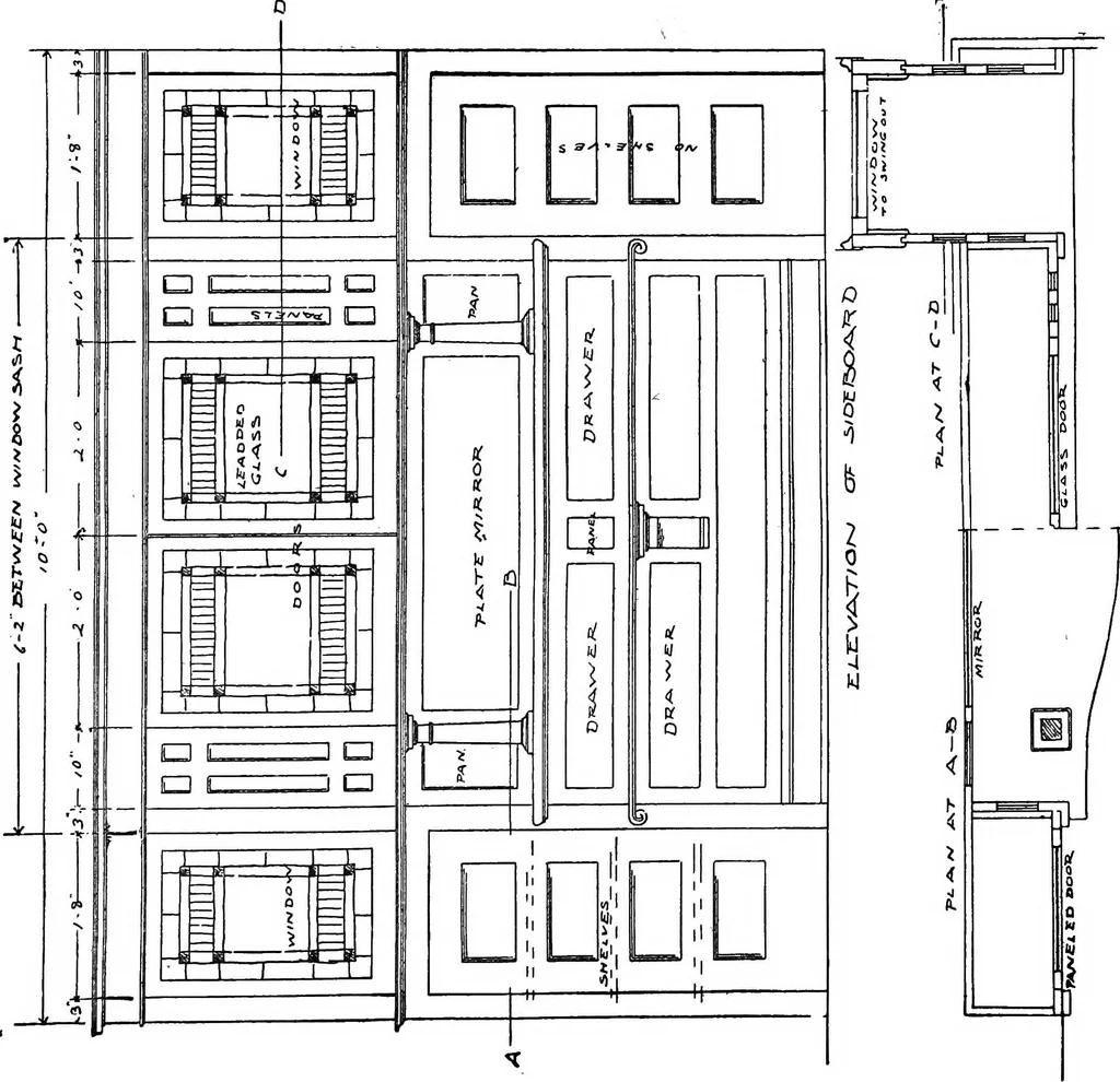 An illustration from Radford's portfolio of details of building construction; a remarkable and unique collection of full-page plates, accurately drawn and reproduced to exact scale. Complete details for every style of interior trim, including special built-in features, 1911, leaf 111