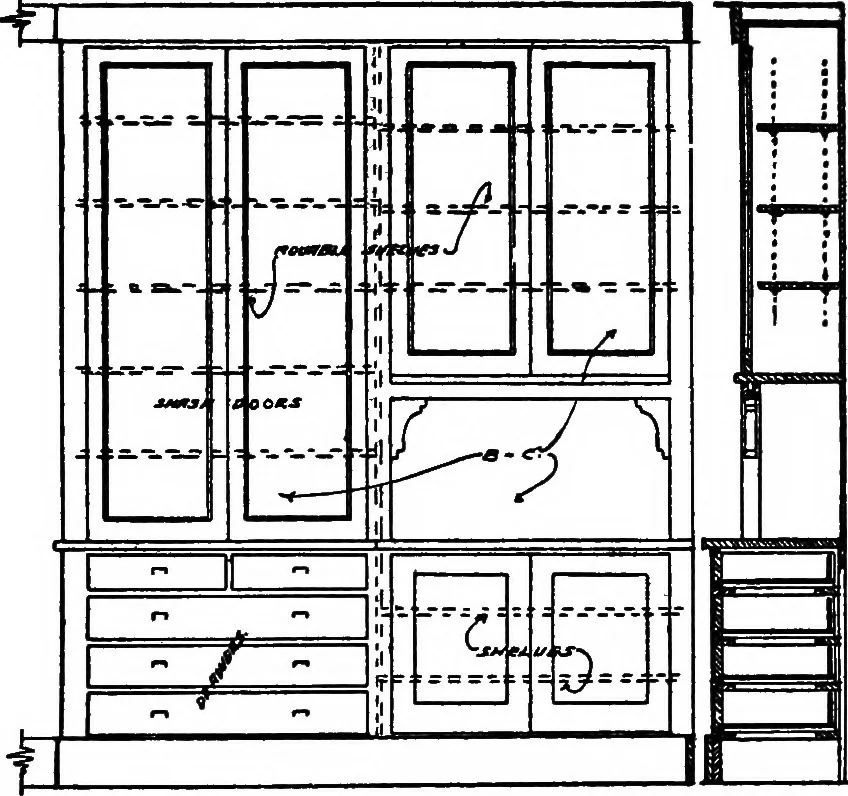 An illustration from Radford's portfolio of details of building construction; a remarkable and unique collection of full-page plates, accurately drawn and reproduced to exact scale. Complete details for every style of interior trim, including special built-in features, 1911, leaf 115