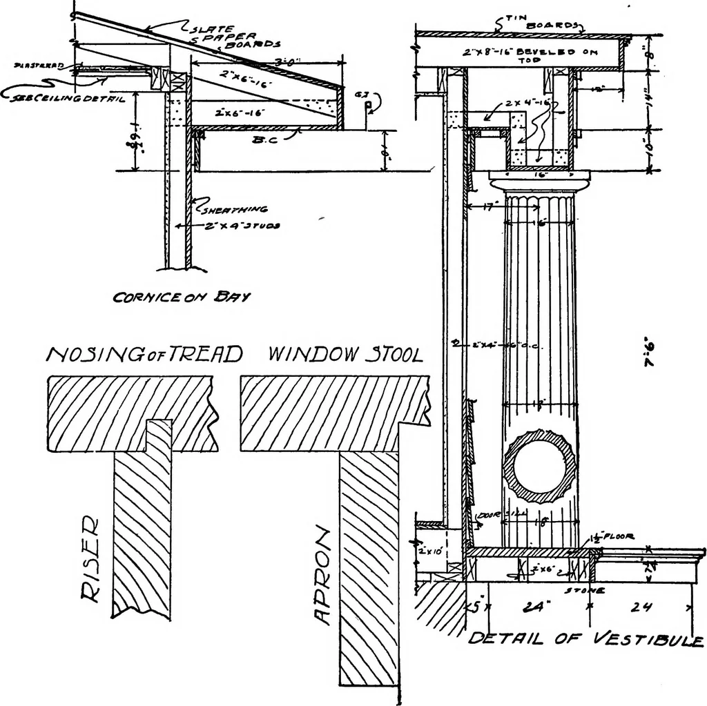 An illustration from Radford's portfolio of details of building construction; a remarkable and unique collection of full-page plates, accurately drawn and reproduced to exact scale. Complete details for every style of interior trim, including special built-in features, 1911, leaf 117