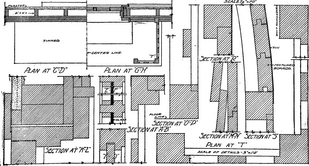 An illustration from Radford's portfolio of details of building construction; a remarkable and unique collection of full-page plates, accurately drawn and reproduced to exact scale. Complete details for every style of interior trim, including special built-in features, 1911, leaf 12
