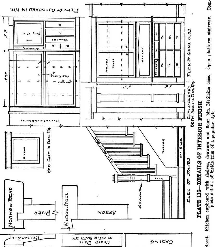 An illustration from Radford's portfolio of details of building construction; a remarkable and unique collection of full-page plates, accurately drawn and reproduced to exact scale. Complete details for every style of interior trim, including special built-in features, 1911, leaf 129