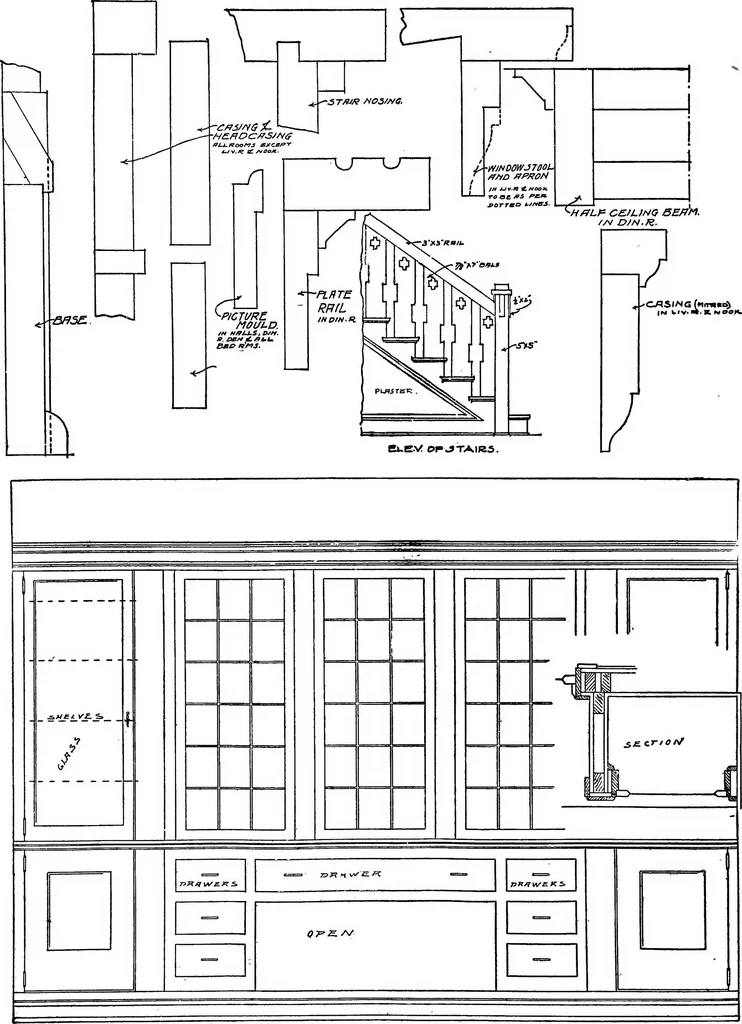 An illustration from Radford's portfolio of details of building construction; a remarkable and unique collection of full-page plates, accurately drawn and reproduced to exact scale. Complete details for every style of interior trim, including special built-in features, 1911, leaf 132