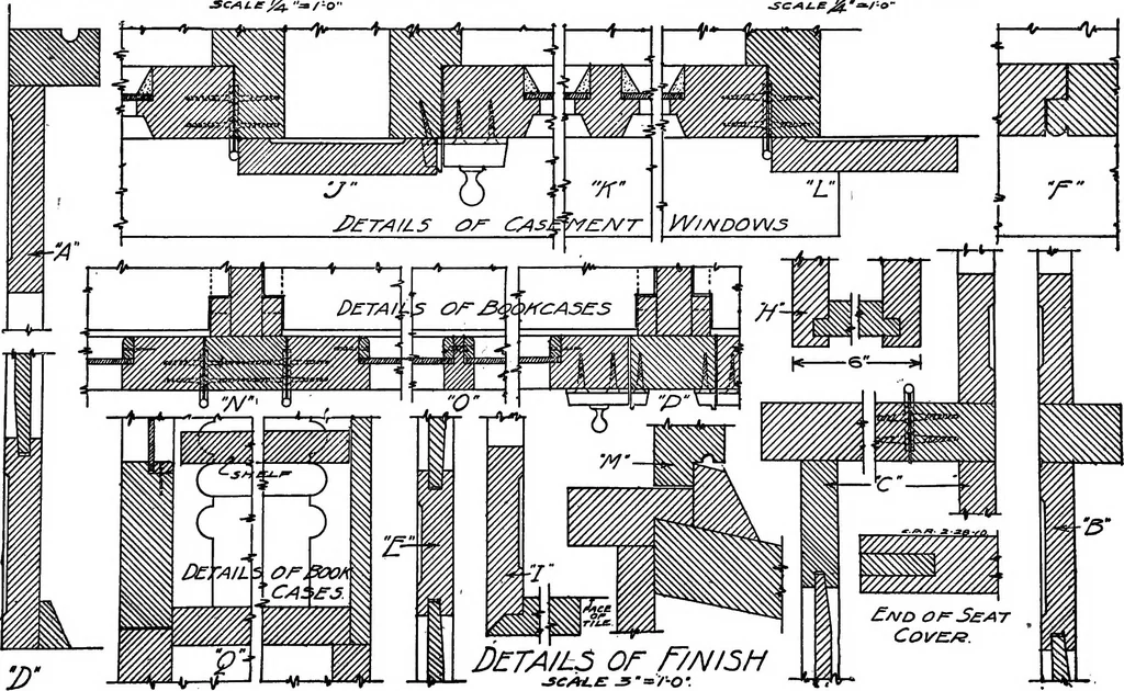 An illustration from Radford's portfolio of details of building construction; a remarkable and unique collection of full-page plates, accurately drawn and reproduced to exact scale. Complete details for every style of interior trim, including special built-in features, 1911, leaf 16