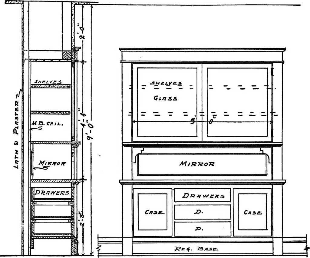 An illustration from Radford's portfolio of details of building construction; a remarkable and unique collection of full-page plates, accurately drawn and reproduced to exact scale. Complete details for every style of interior trim, including special built-in features, 1911, leaf 165