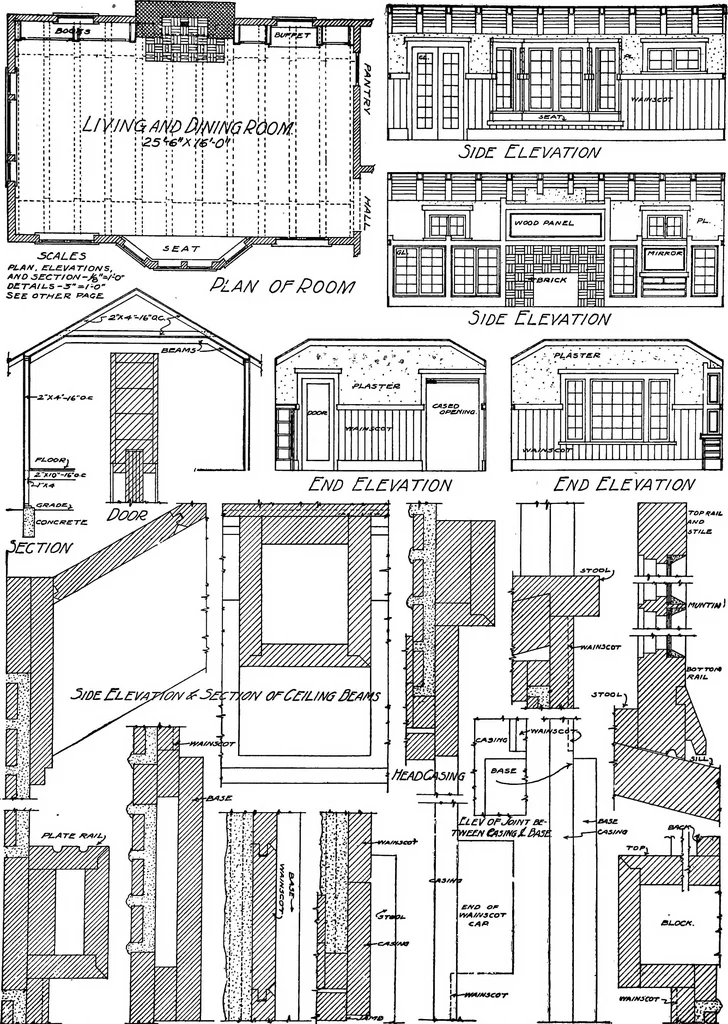 An illustration from Radford's portfolio of details of building construction; a remarkable and unique collection of full-page plates, accurately drawn and reproduced to exact scale. Complete details for every style of interior trim, including special built-in features, 1911, leaf 17
