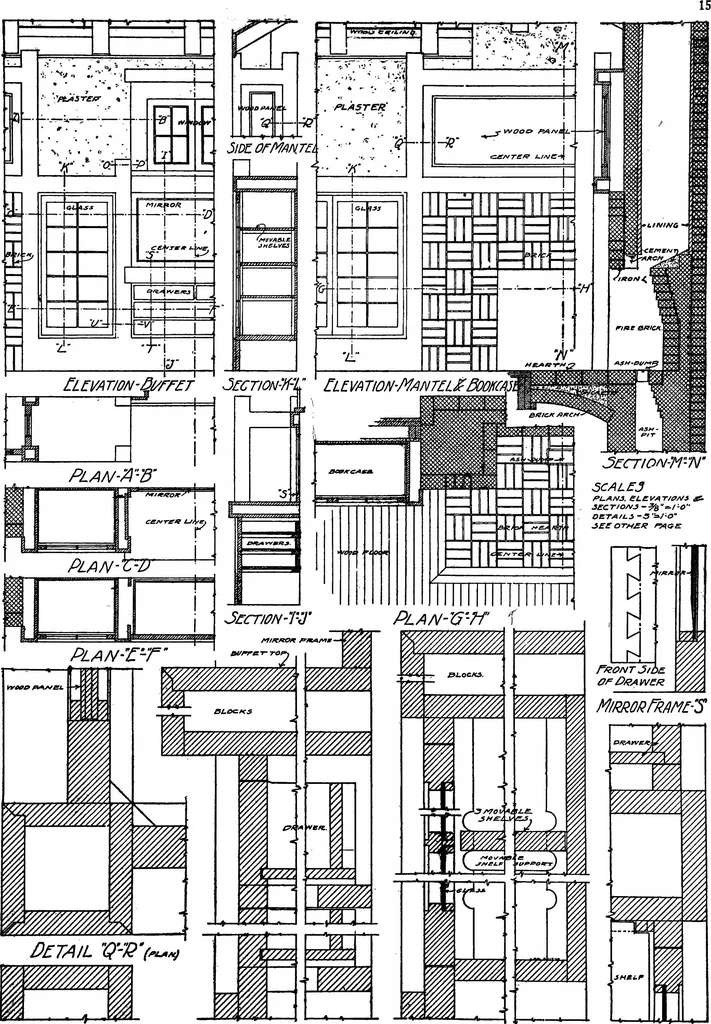 An illustration from Radford's portfolio of details of building construction; a remarkable and unique collection of full-page plates, accurately drawn and reproduced to exact scale. Complete details for every style of interior trim, including special built-in features, 1911, leaf 18