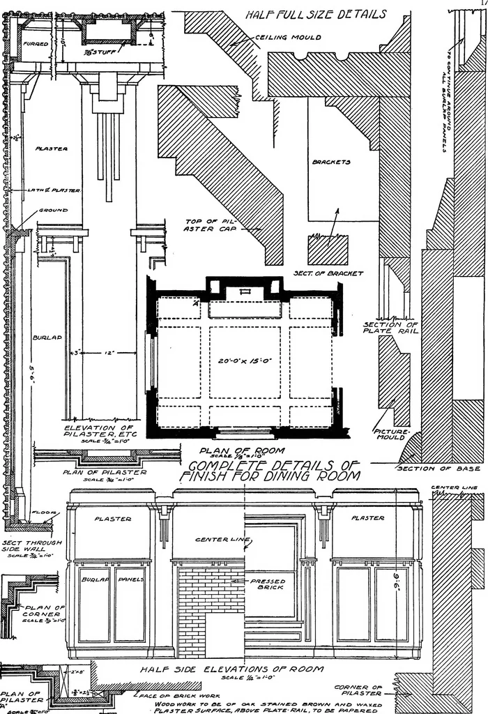 An illustration from Radford's portfolio of details of building construction; a remarkable and unique collection of full-page plates, accurately drawn and reproduced to exact scale. Complete details for every style of interior trim, including special built-in features, 1911, leaf 20