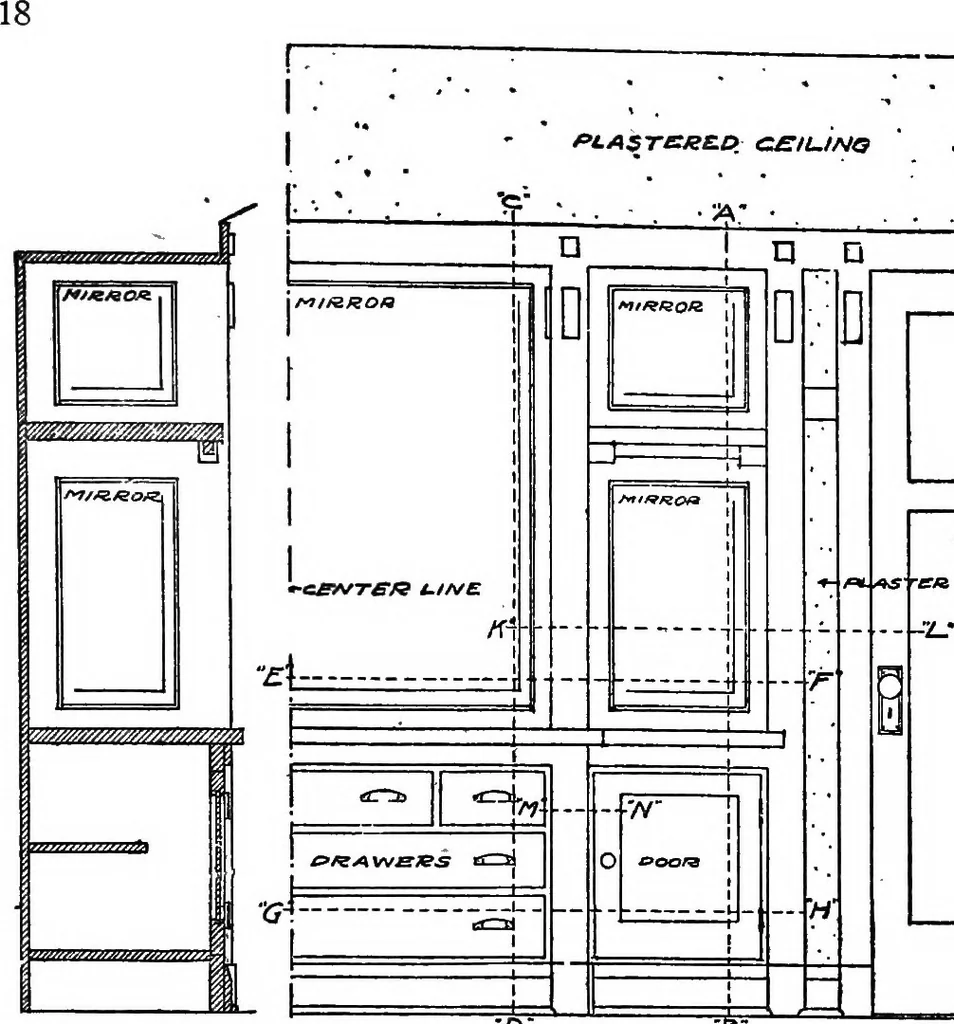 An illustration from Radford's portfolio of details of building construction; a remarkable and unique collection of full-page plates, accurately drawn and reproduced to exact scale. Complete details for every style of interior trim, including special built-in features, 1911, leaf 21