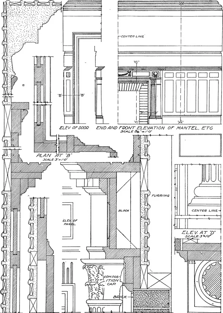 An illustration from Radford's portfolio of details of building construction; a remarkable and unique collection of full-page plates, accurately drawn and reproduced to exact scale. Complete details for every style of interior trim, including special built-in features, 1911, leaf 22